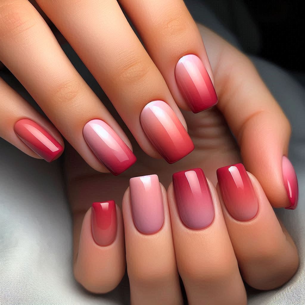 Red and Pink Ombre Square Nails