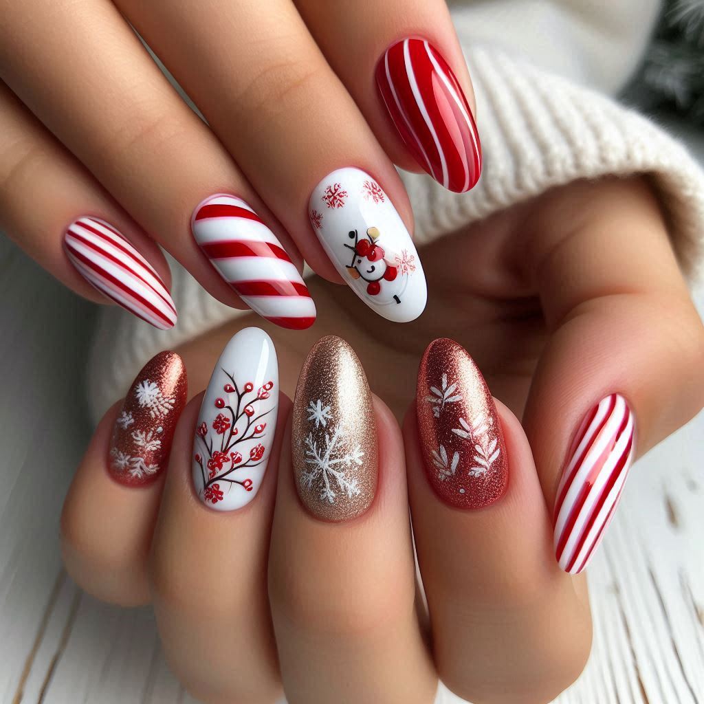 Christmas-Inspired Short Acrylic Nails Almond