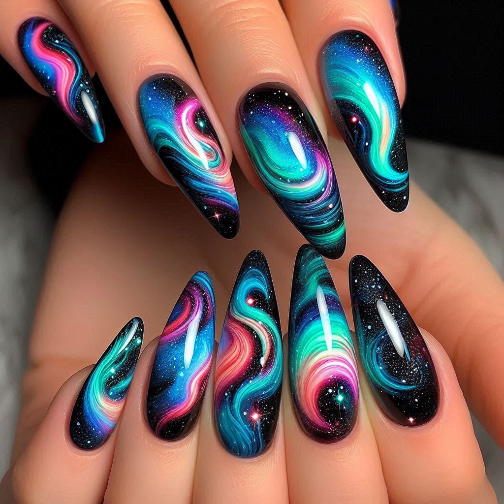 Cosmic Swirl Northern Lights Nails