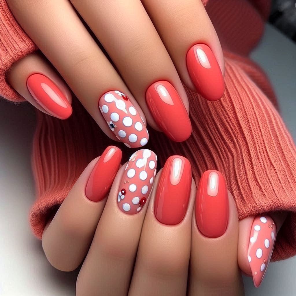 Coral and White Polka Dot Nails