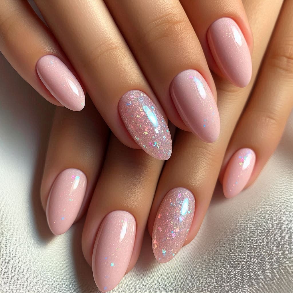 Short Almond Pink Nails with Glitter