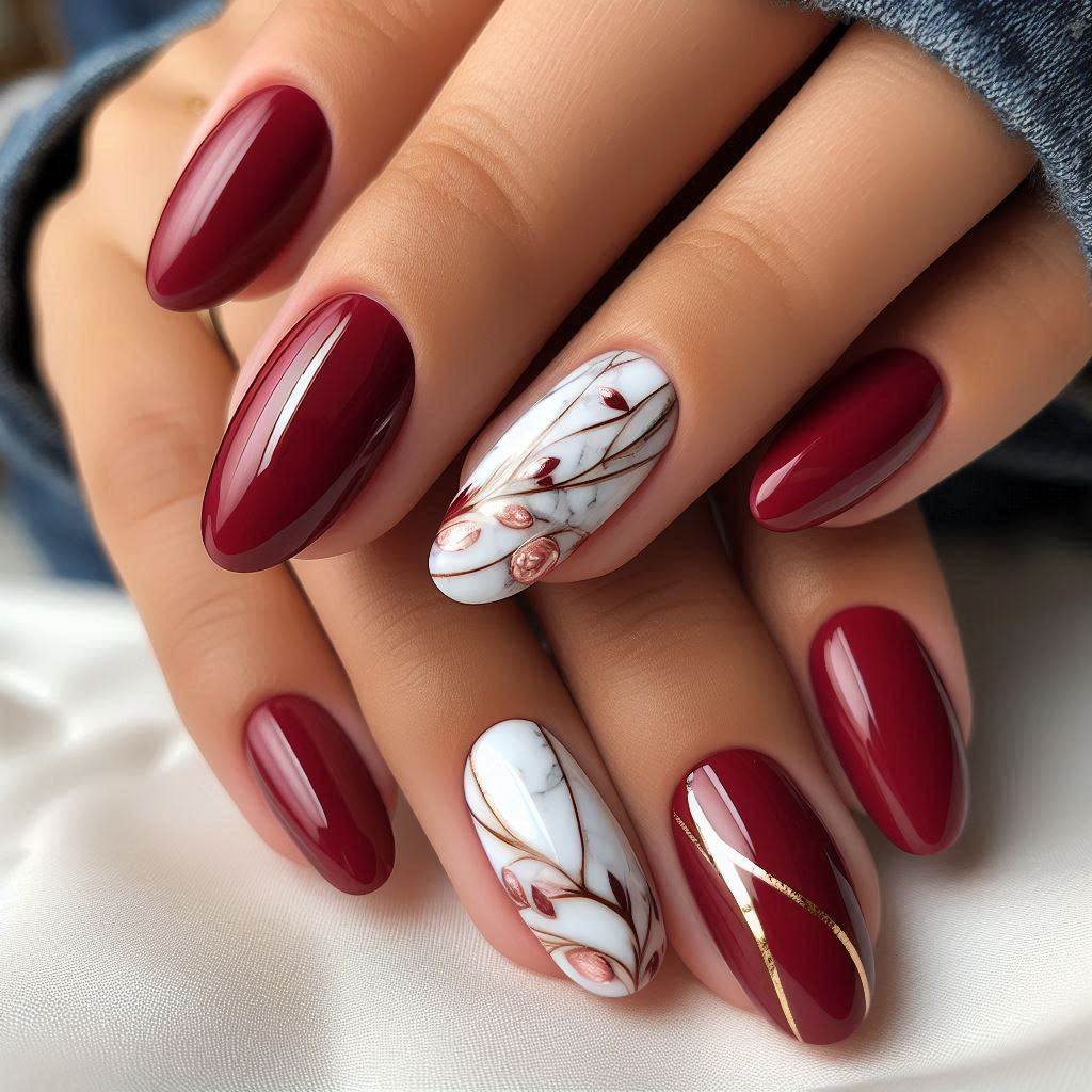 Short Almond Nails Red Marble