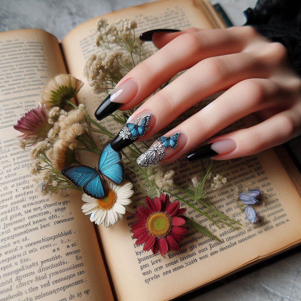 Black French Tip Nails with Butterfly Designs for a Dreamy Aesthetic