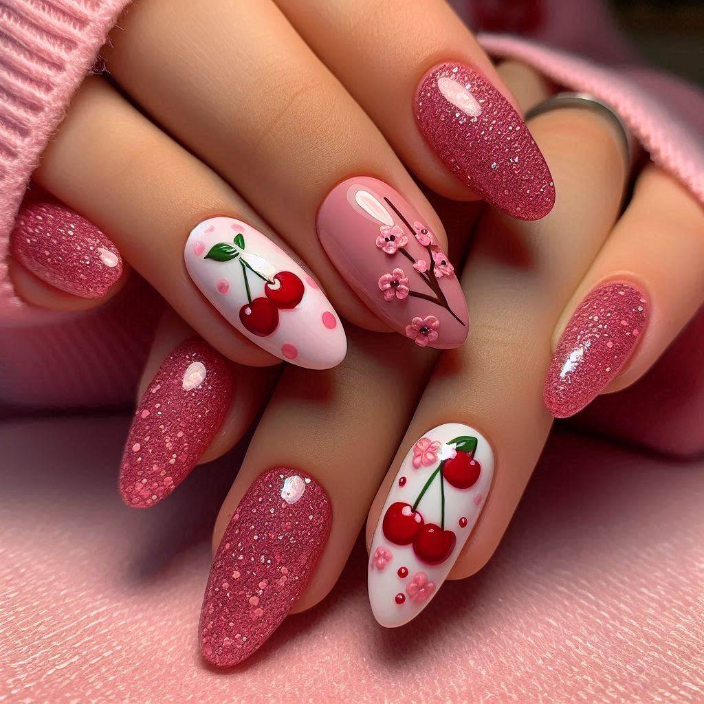 Cute Red Cherry Nails with Soft Pink Base