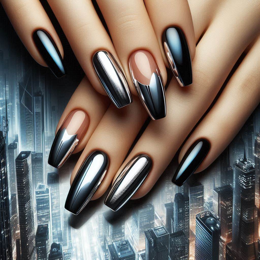 Black French Tip Nails with Chrome Effect for a Futuristic Look