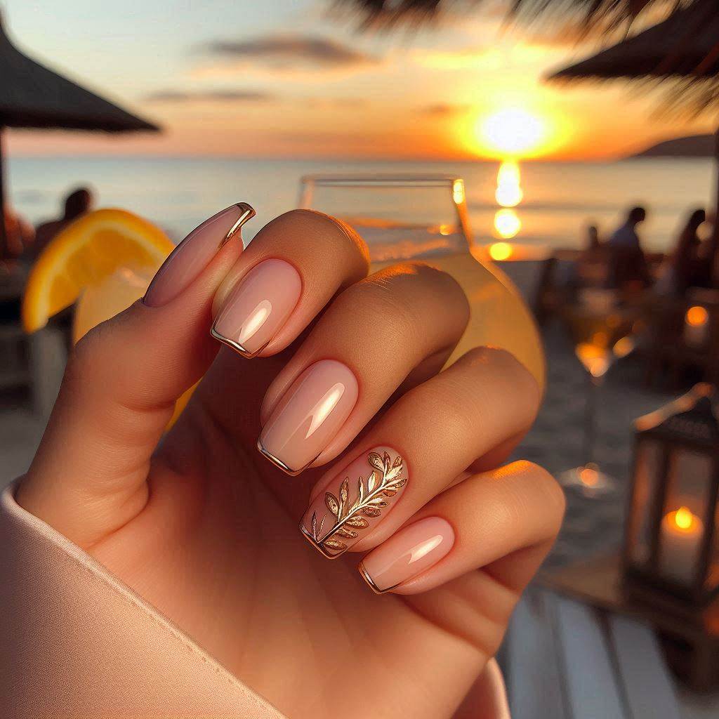 Short French Gel Nails Summer with Gold Accents