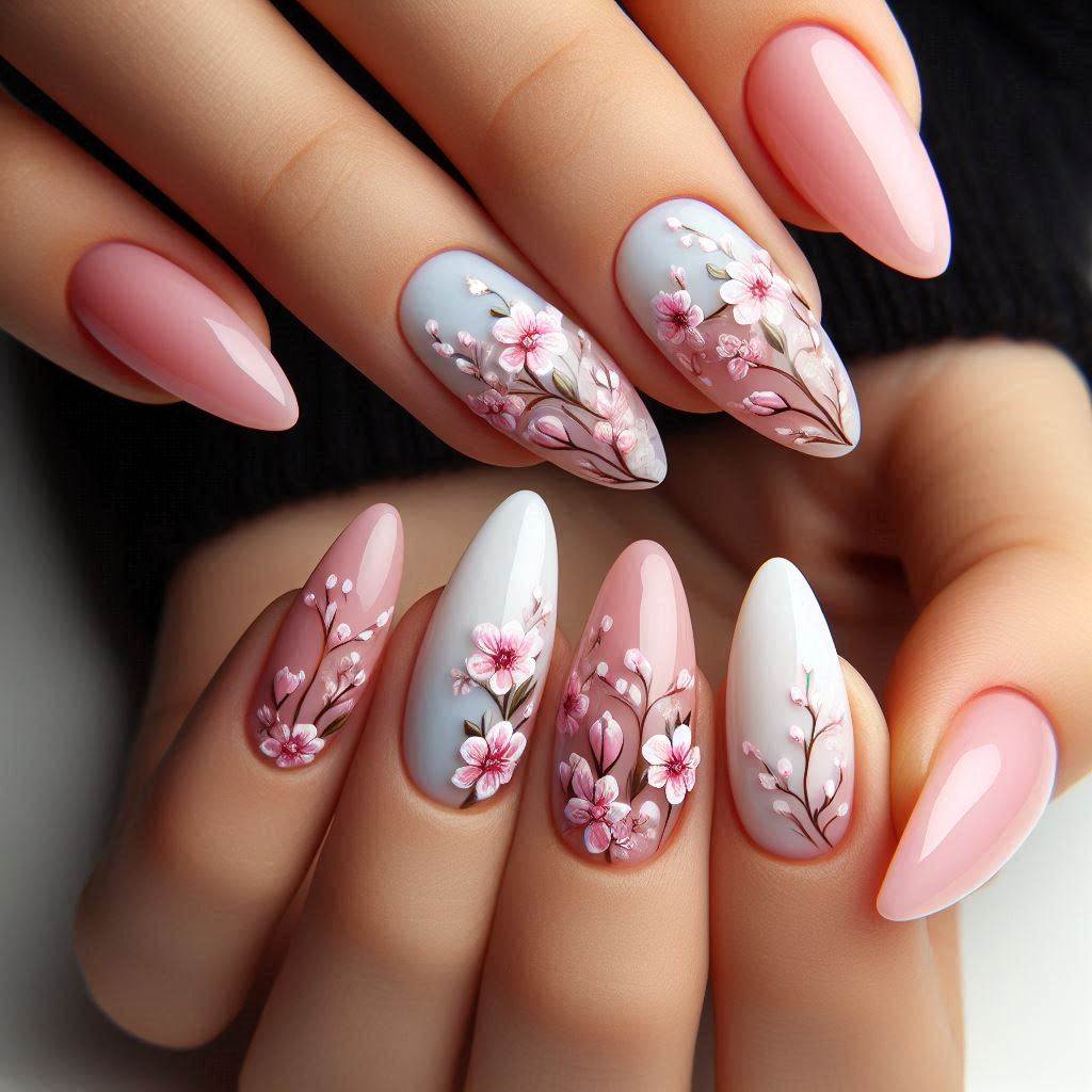 Short Acrylic Nails Almond with Floral Design