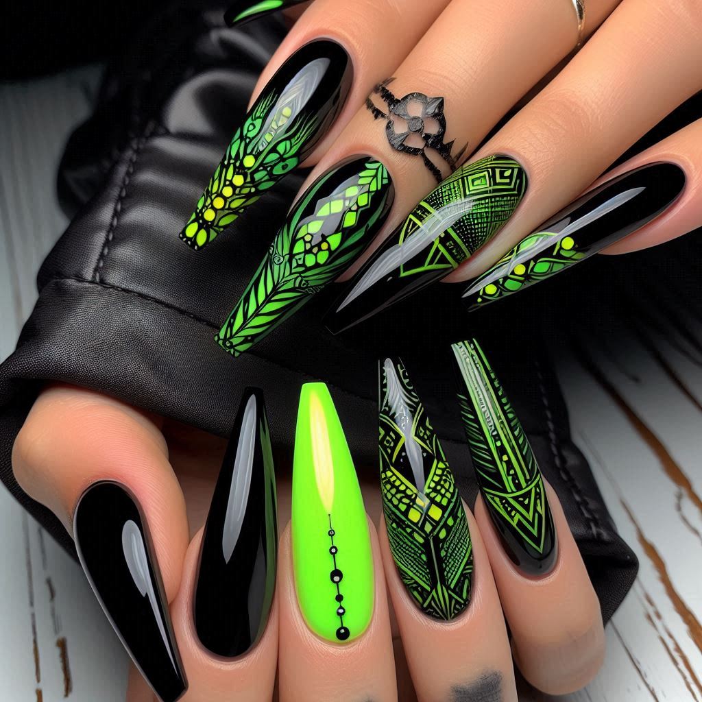 Neon Green and Black Duo Nails