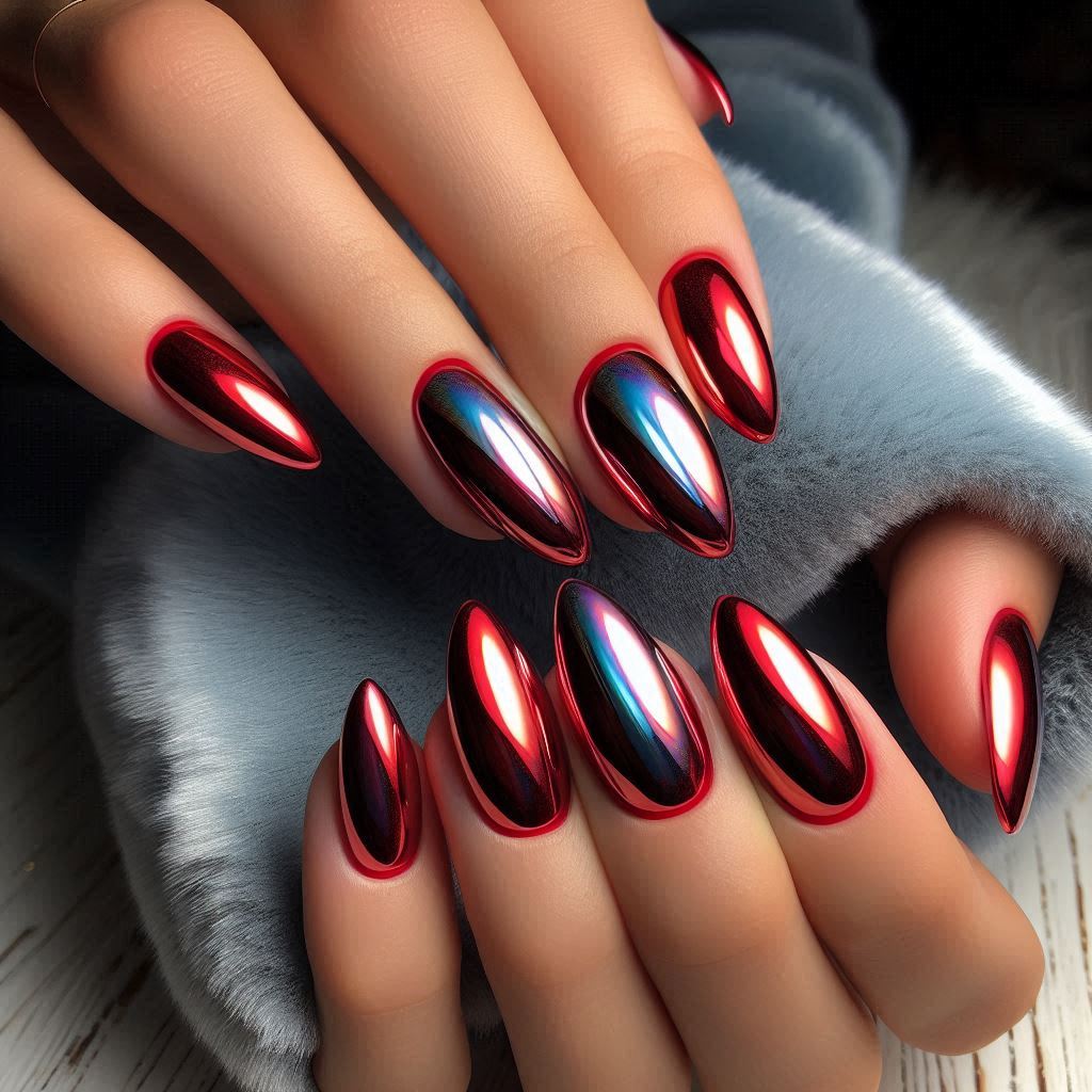 Short Almond Nails Red Chrome