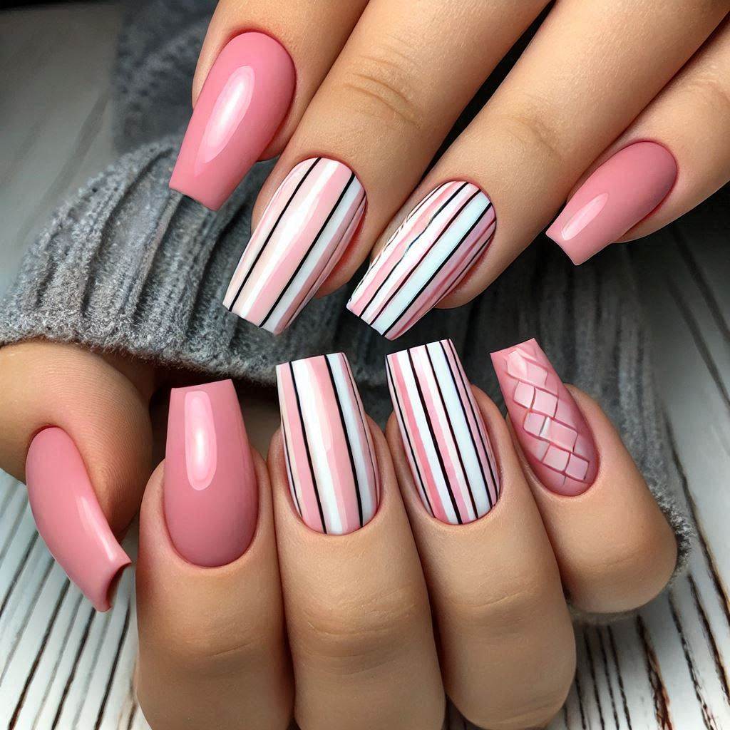 Simple Pink and White Stripes on Square Nails