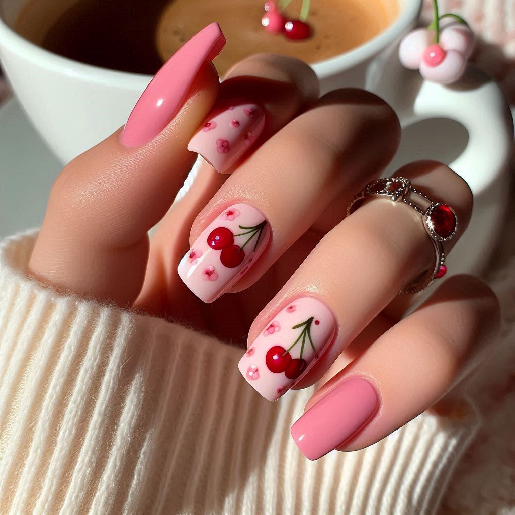 Short pink cherry nails for a playful look