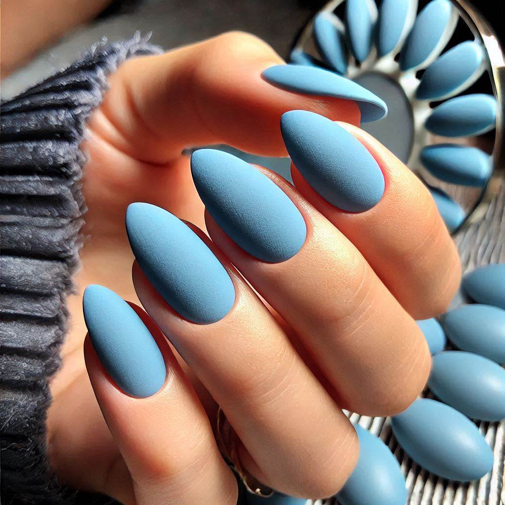 Matte Blue Almond Nails