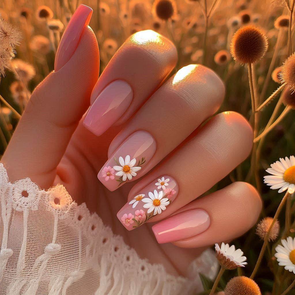 Soft Rose Pink French Tips with Micro Daisies