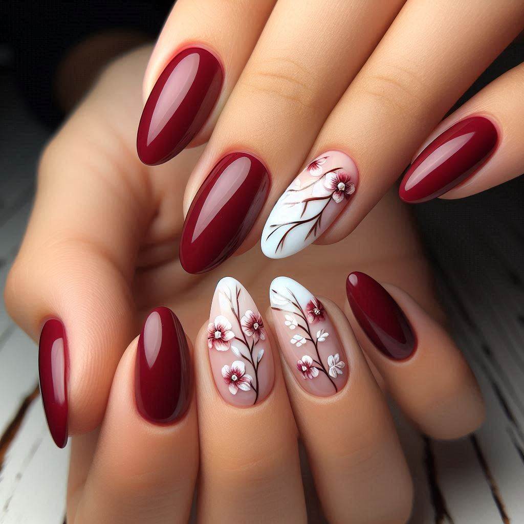 Short Almond Nails Red with Floral Art