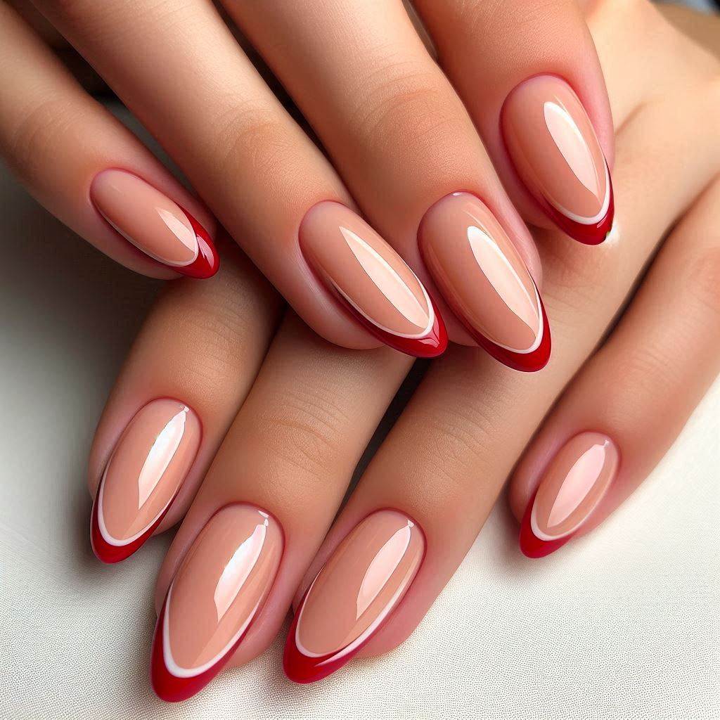 Short Almond Nails Red French Tip