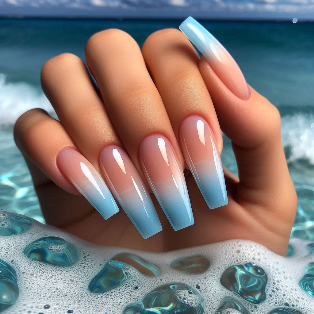 Crystal Clear French Nails with Ocean Blue Accents