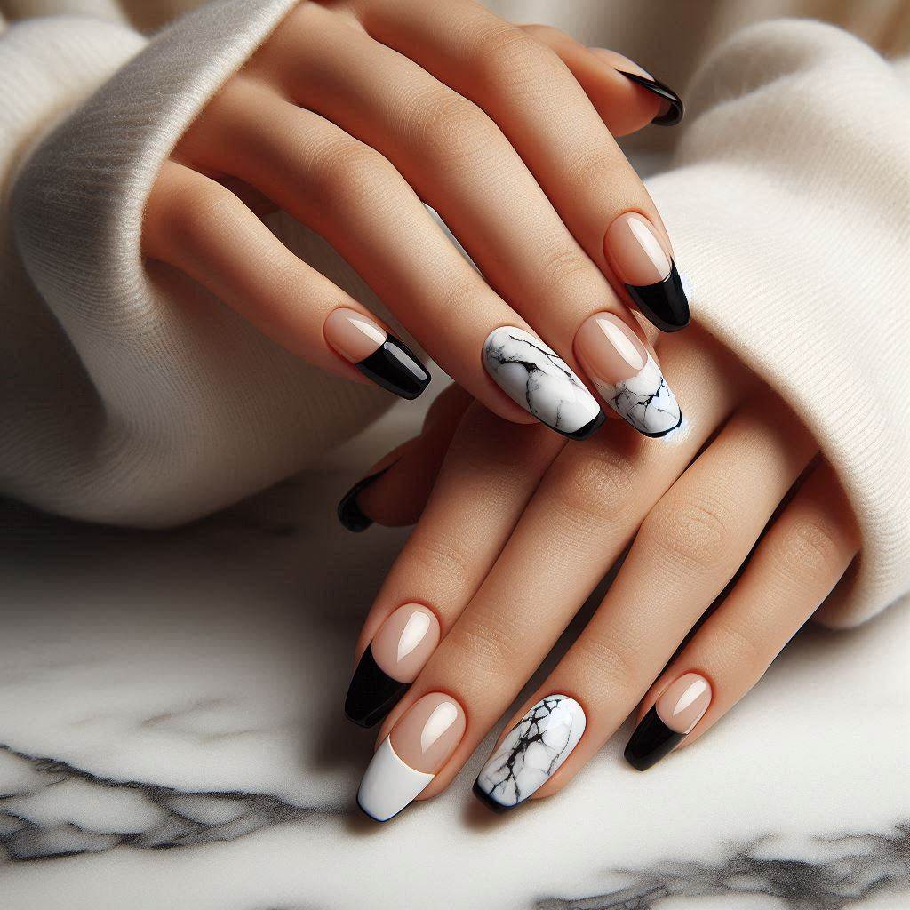 Black French Tip Nails with Marble Design for a Sophisticated Touch