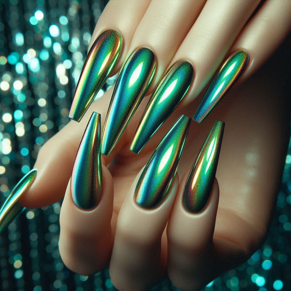 Holographic Green Chrome Nails