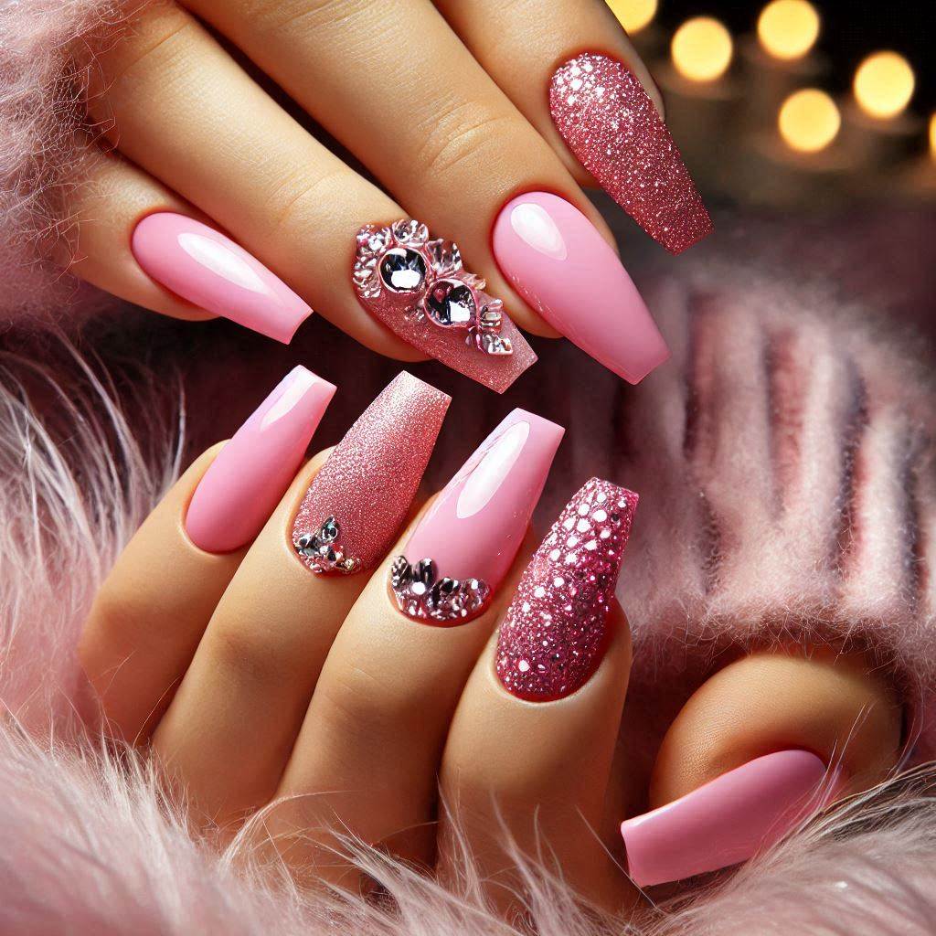 Elegant Pink Acrylic Nails with a Bold Cover-Up Design and Rhinestones