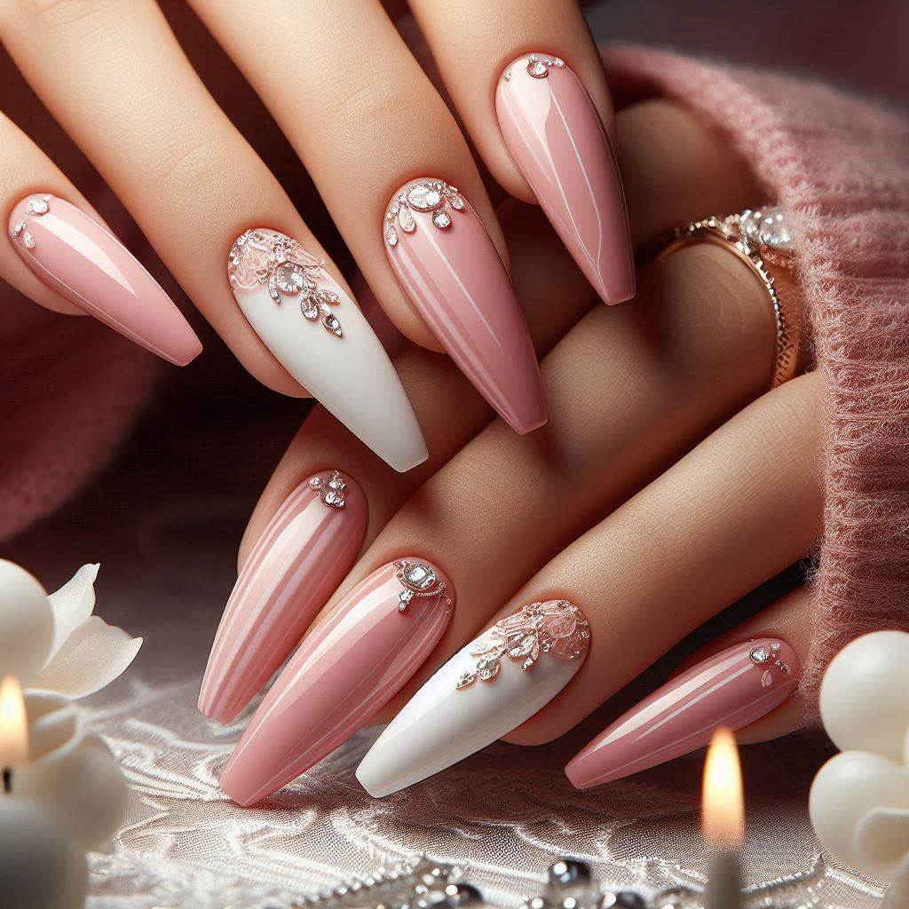 Long Pink Acrylic Nails with Soft White and Diamond Accents for Timeless Elegance