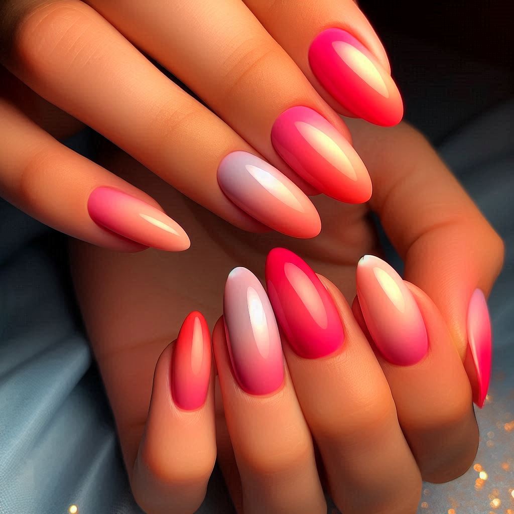 Coral and Pink Almond Nails