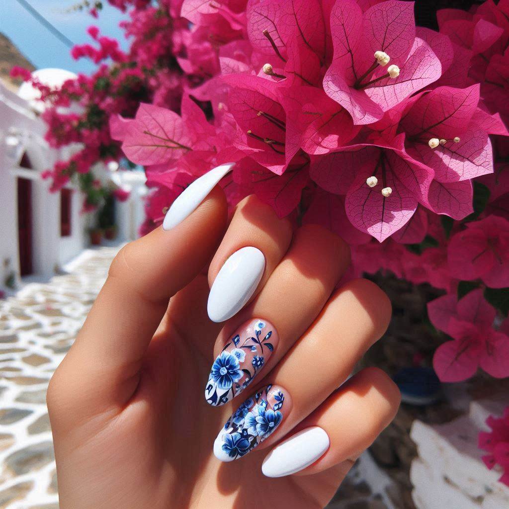 Blue and White Floral Nails