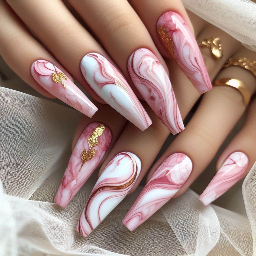 Pink and White Marble Acrylic Nails