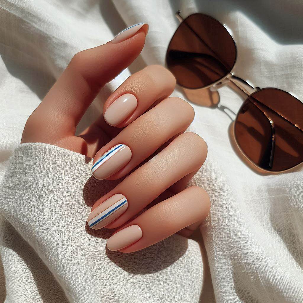 White Nails with a Single Blue Stripe – Minimalist and Elegant