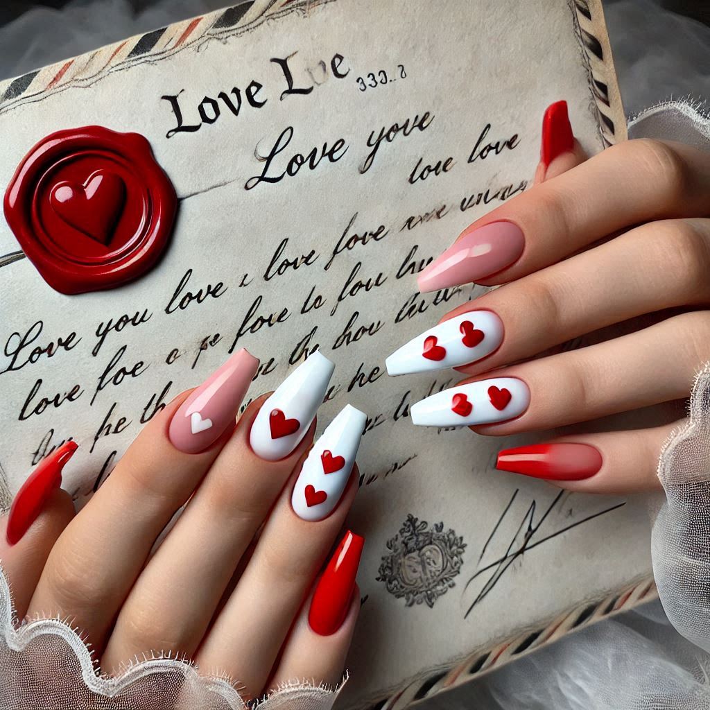 Super Cute Red and White Heart Nail Design