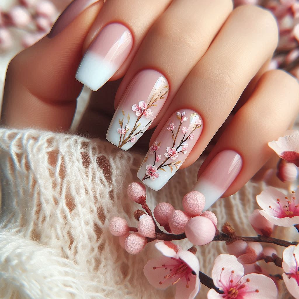 Pastel French Tips with Floral Accents