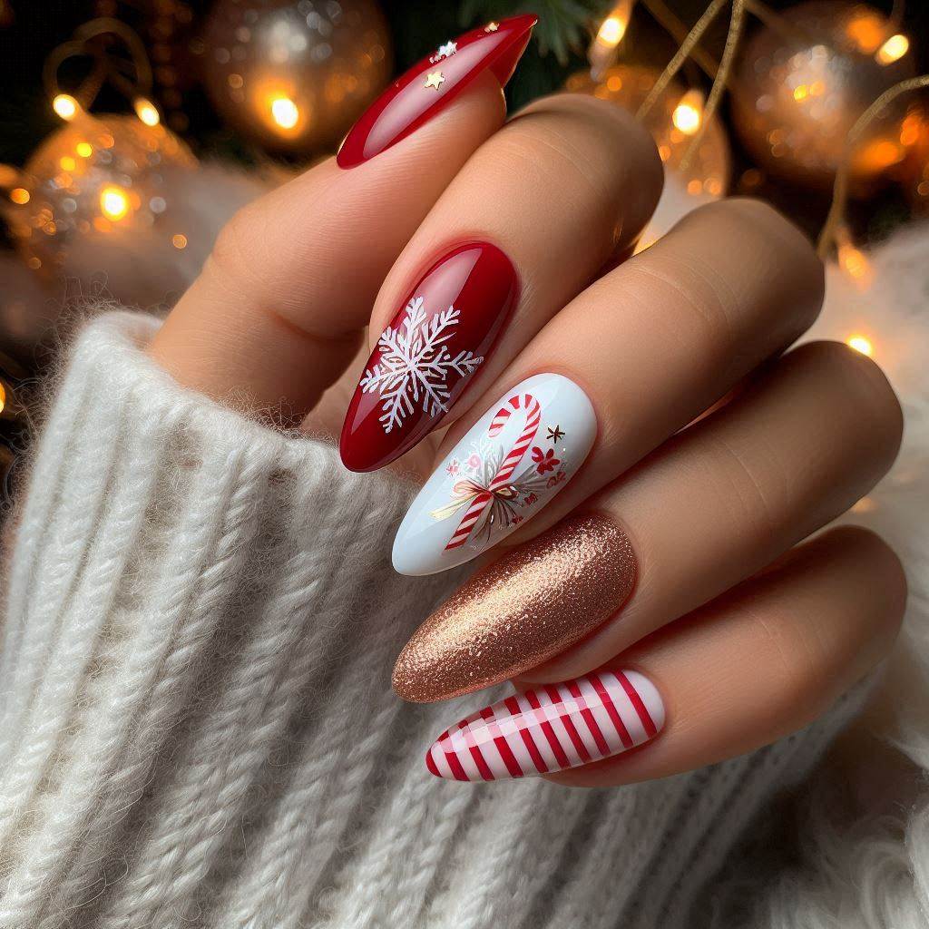 Festive Almond Nails Red Christmas