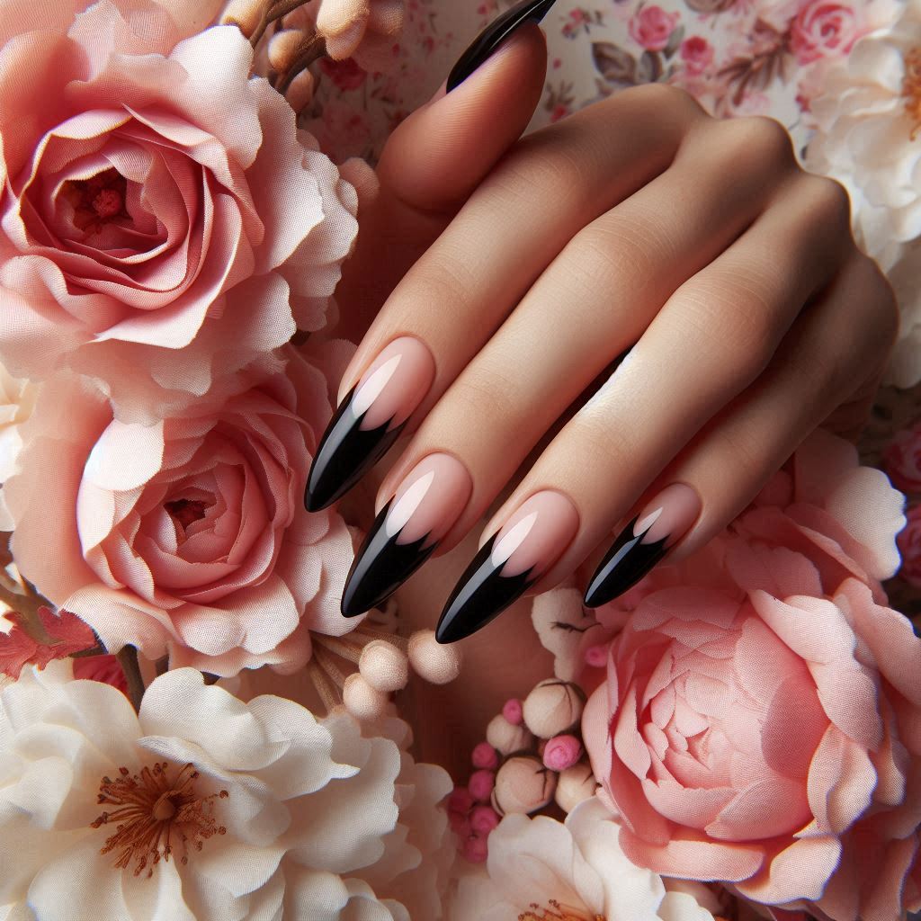 Black French Tip Nails Almond Shape for Elegance