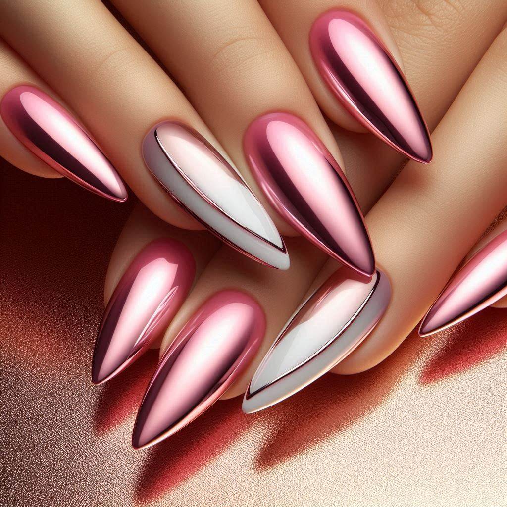 Futuristic Shine with French Tip Nails Pink Chrome