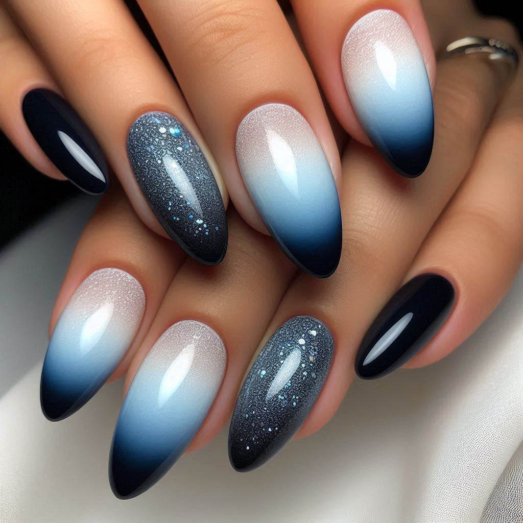 Glittery Blue Ombre Nails