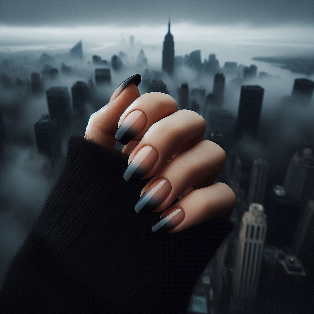 Black French Tip Nails with Smoke Effect for a Mysterious Vibe