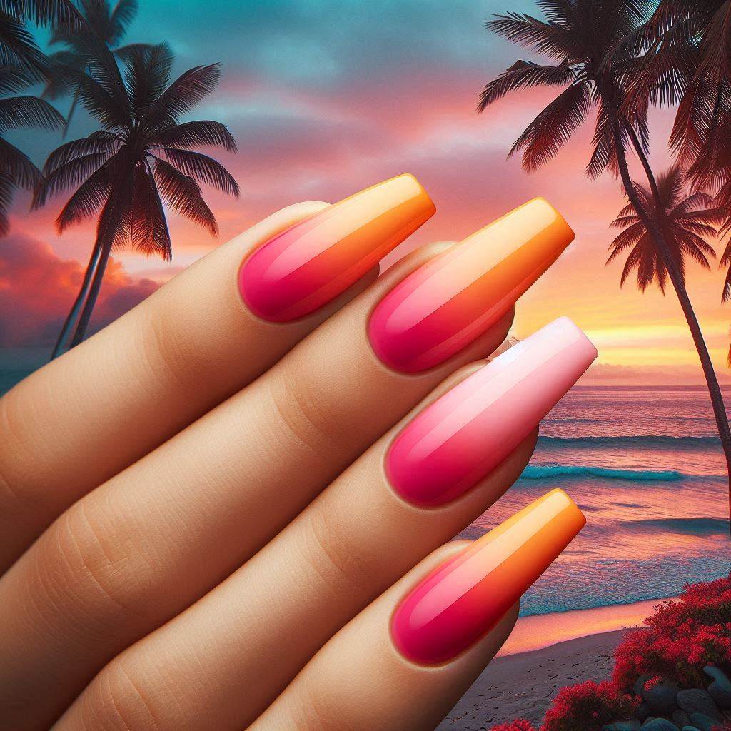 Tropical Sunset French Tips with a Gradient Orange-Pink Glow