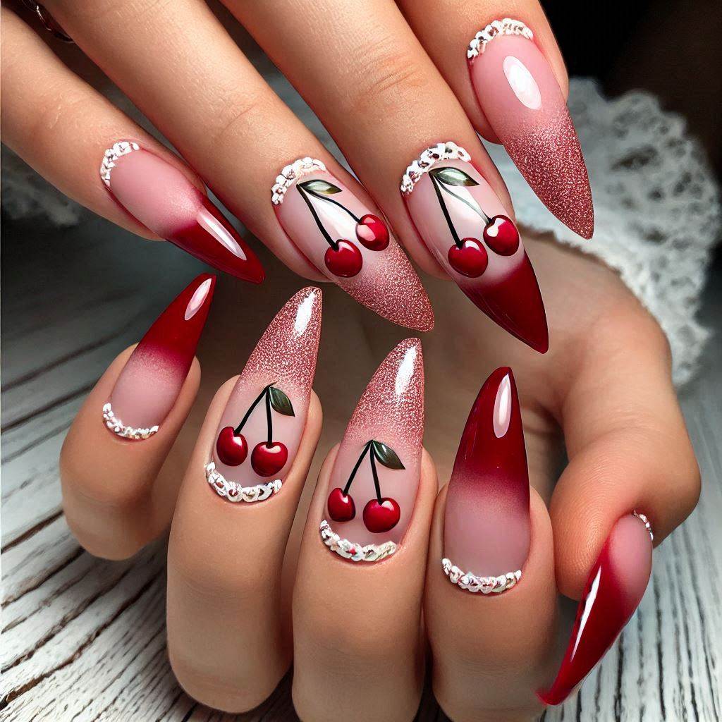 Red Cherry French Tip Nails with Glitter Details