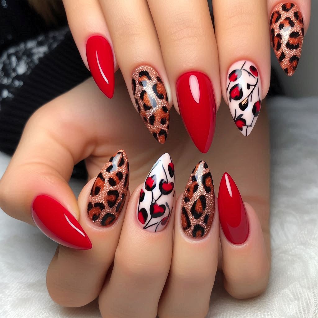 Cheetah and Cherry Nail Design