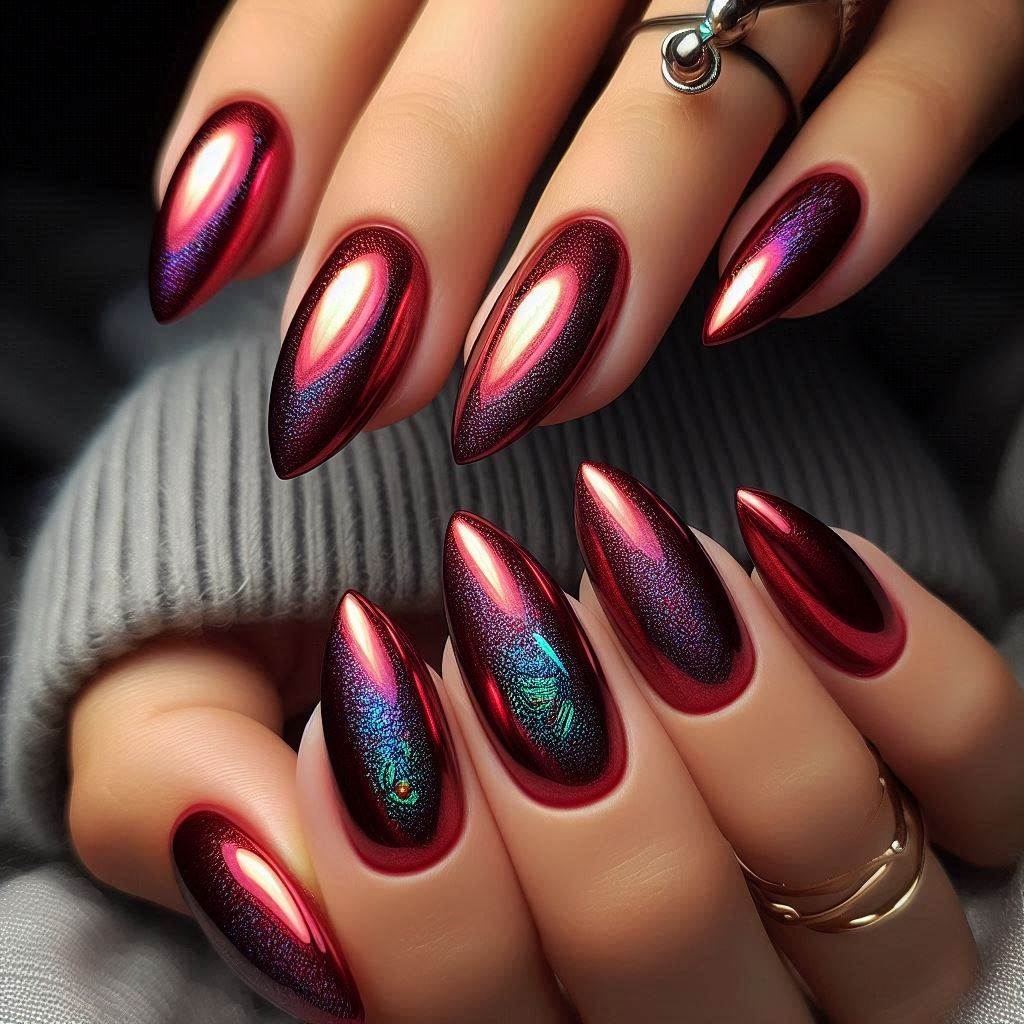 Short Almond Nails Red Cat Eye