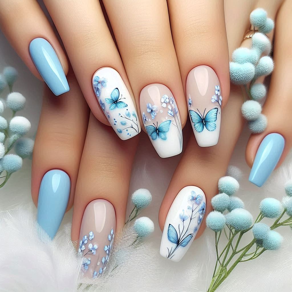 Butterfly Nail Art in Soft Blue