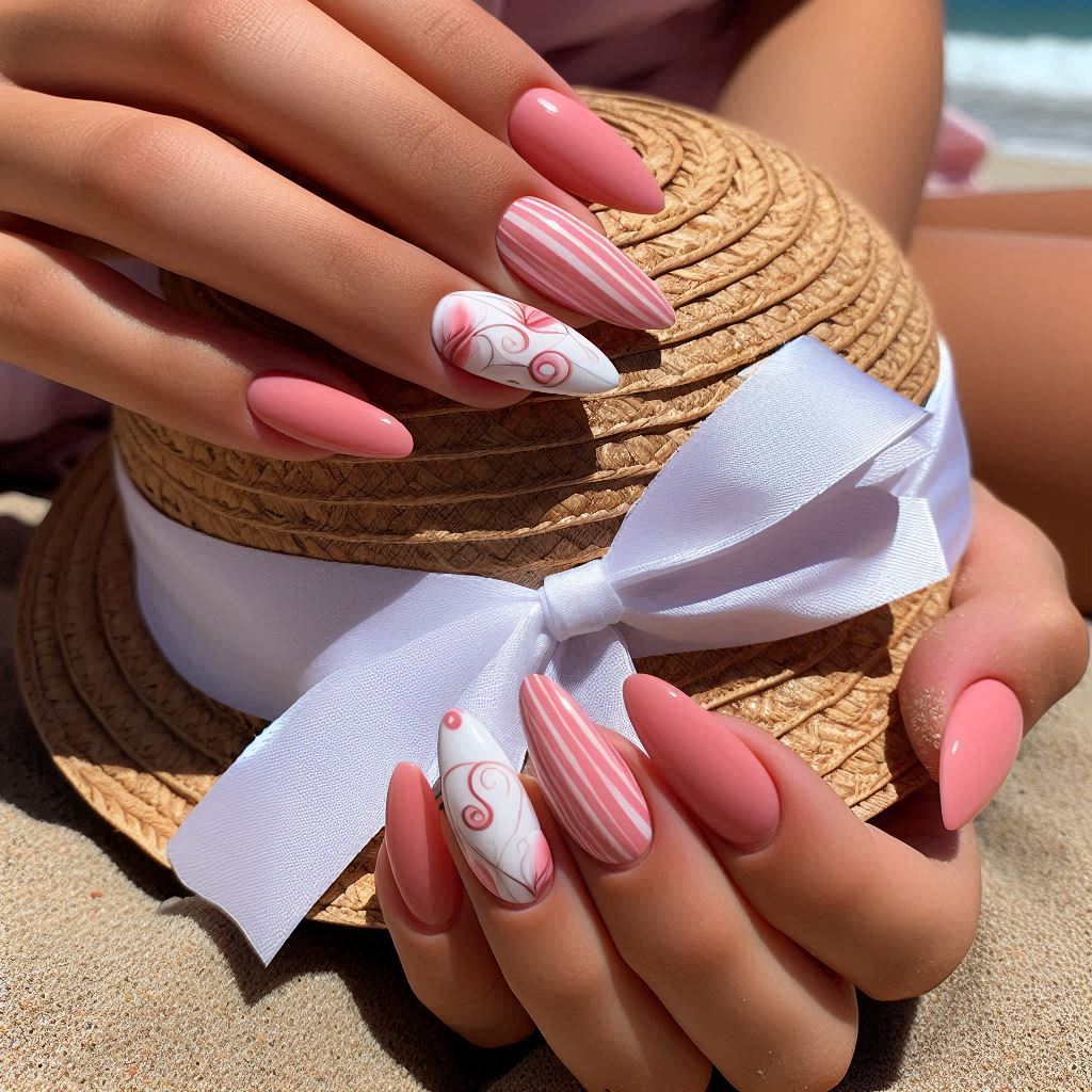 Simple Pink and White Swirl Nails for a Chic Summer Touch