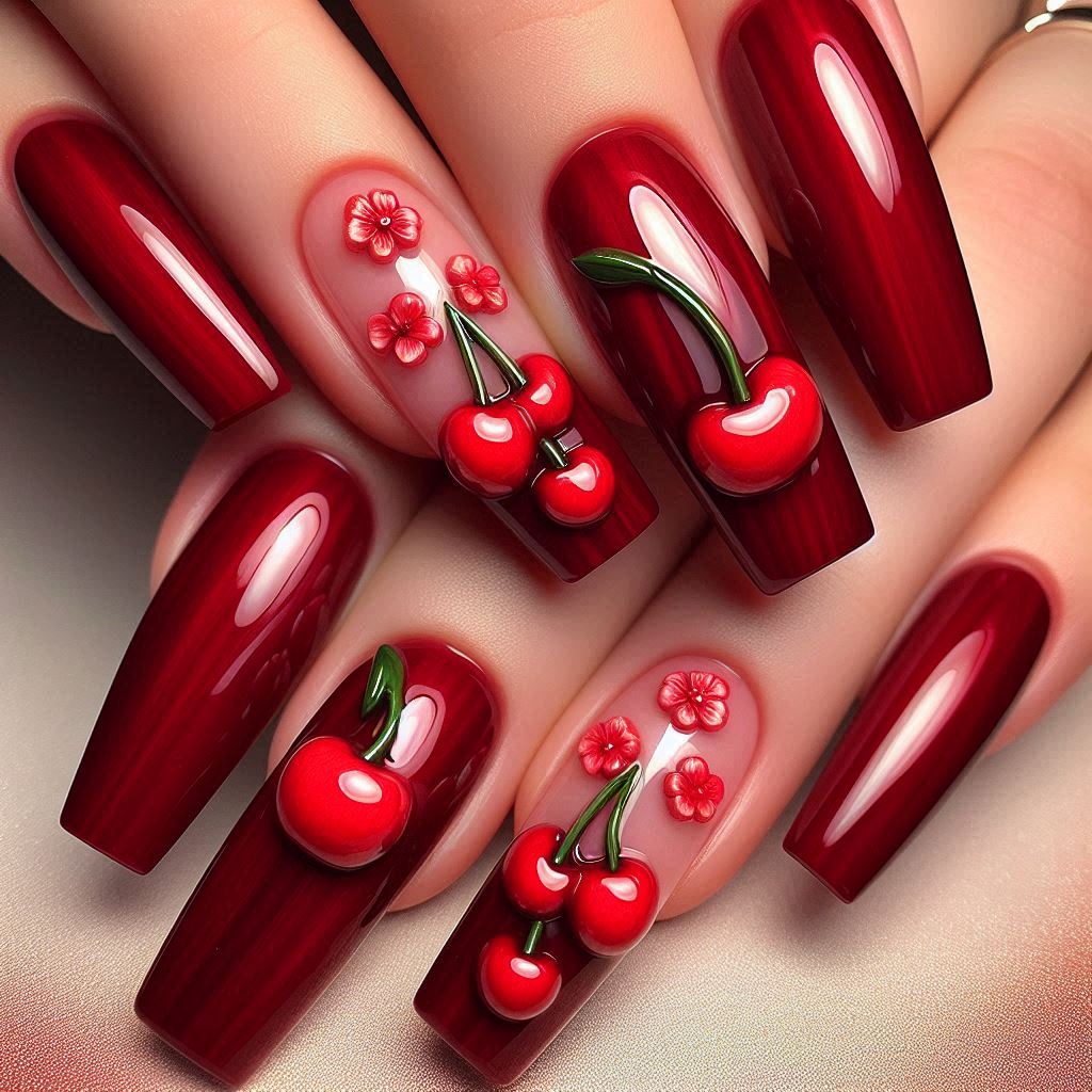 3D Cherry Nail Design for an Eye-Catching Look