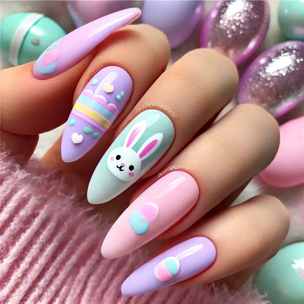 Easter-themed pastel acrylic nails