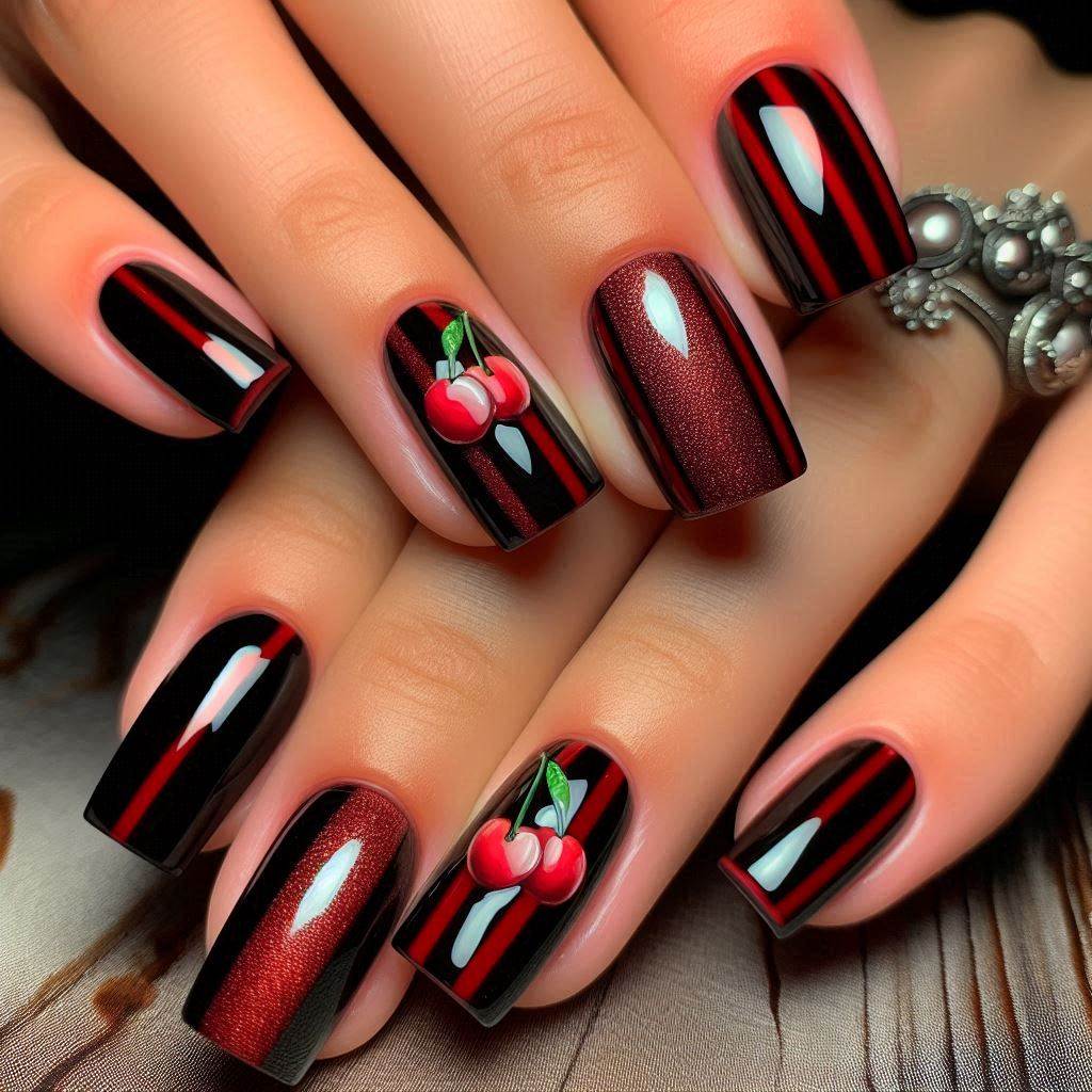 Red and black cherry nails with stripes