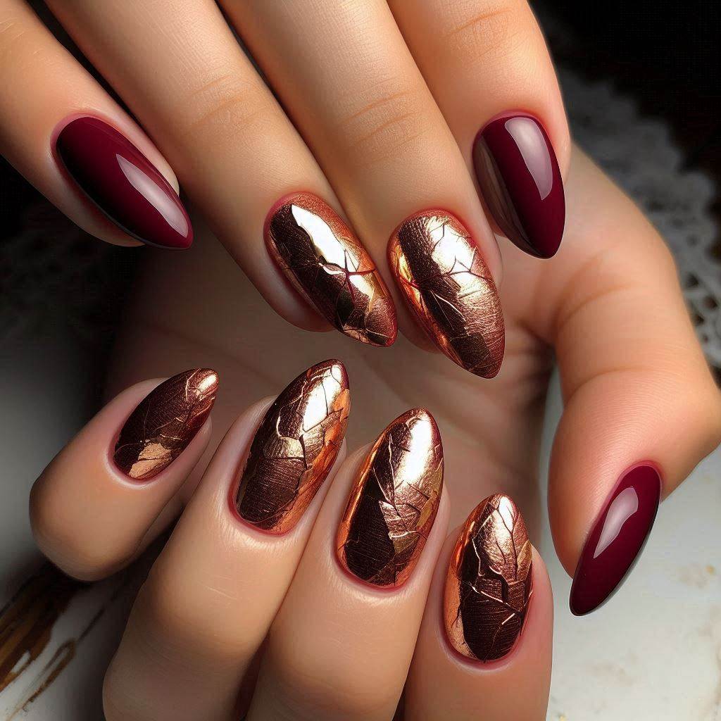 Short Almond Nails Red with Gold Foil 