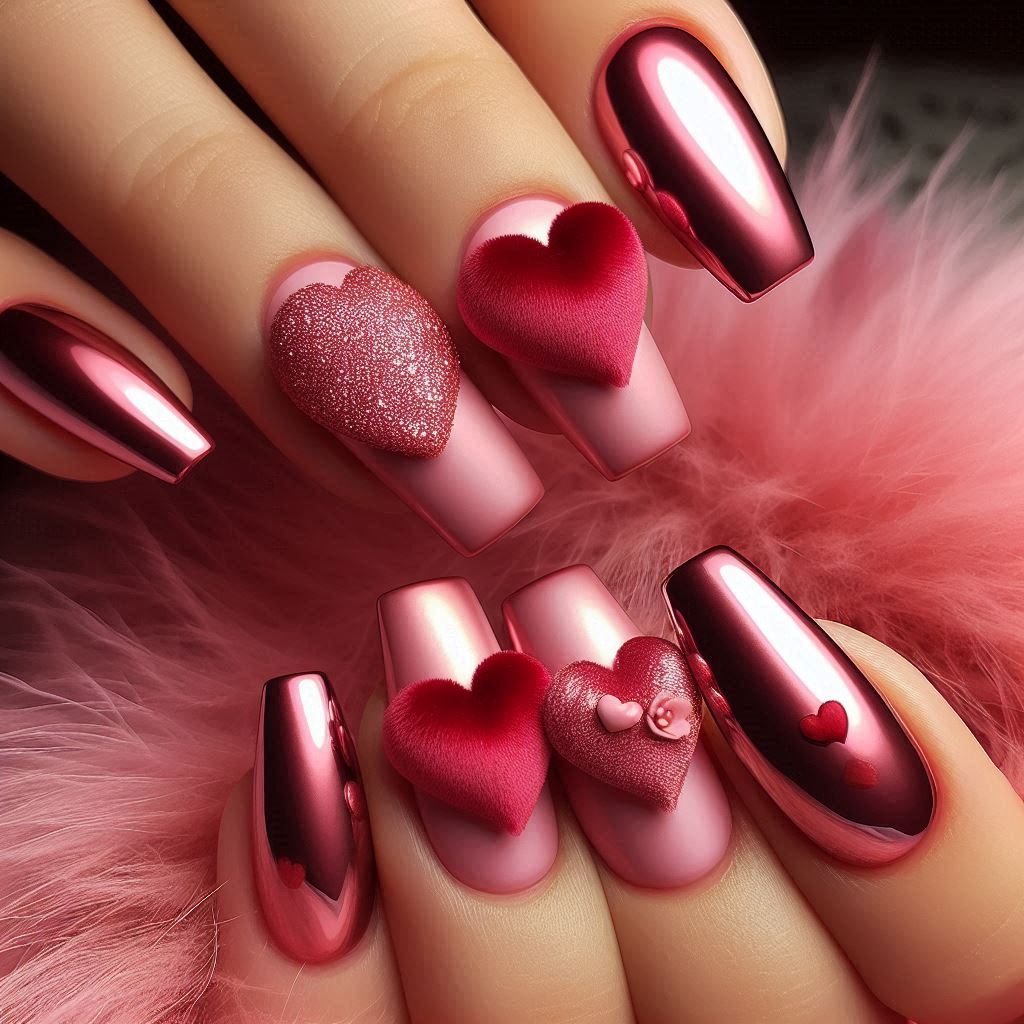 Rose Pink Chrome with 3D Velvet Hearts