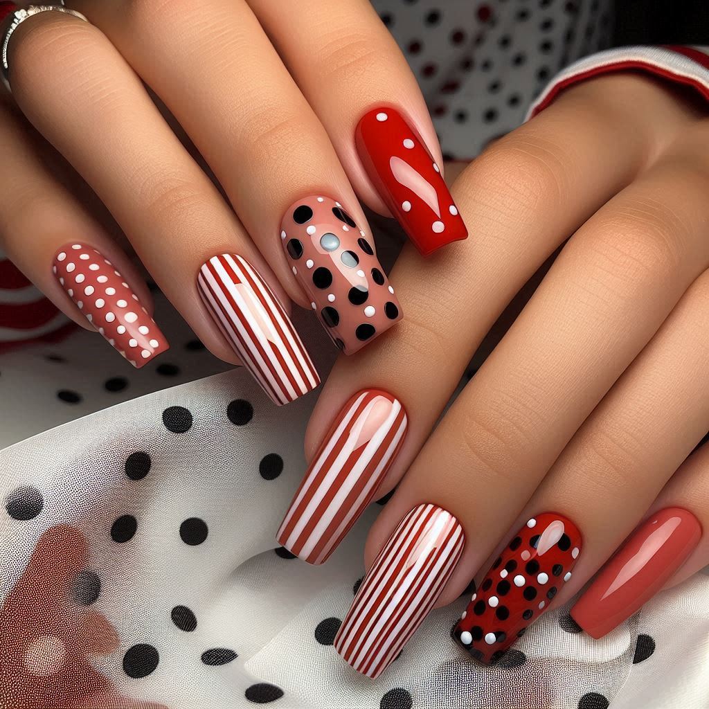 Striped and Polka Dot Combo Nails