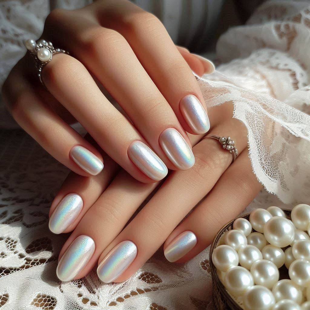 Classy White Pearlescent Nails