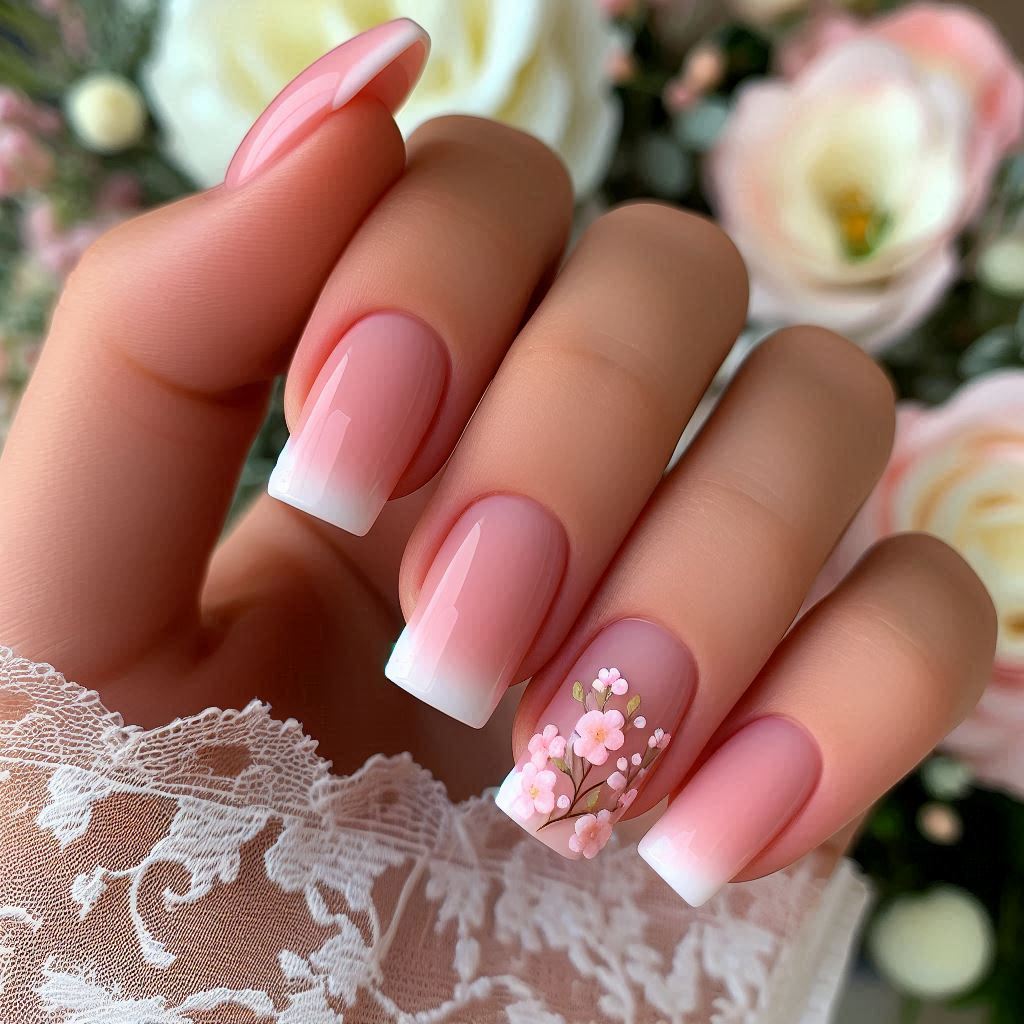 Delicate Pink French Tips with Tiny Floral Accents