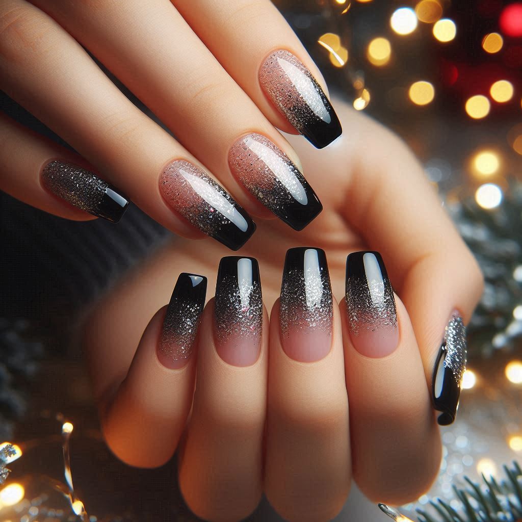 Black French Tip Nails with Silver Glitter for a Dazzling Effect